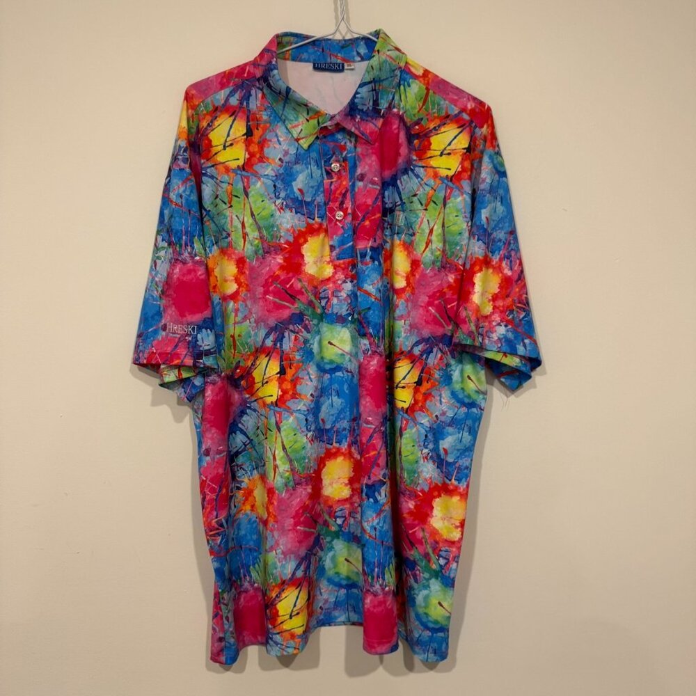 Hreski Mens Psychedelic Paint Splatter All Over Print Golf Shirt Stretch Size XL